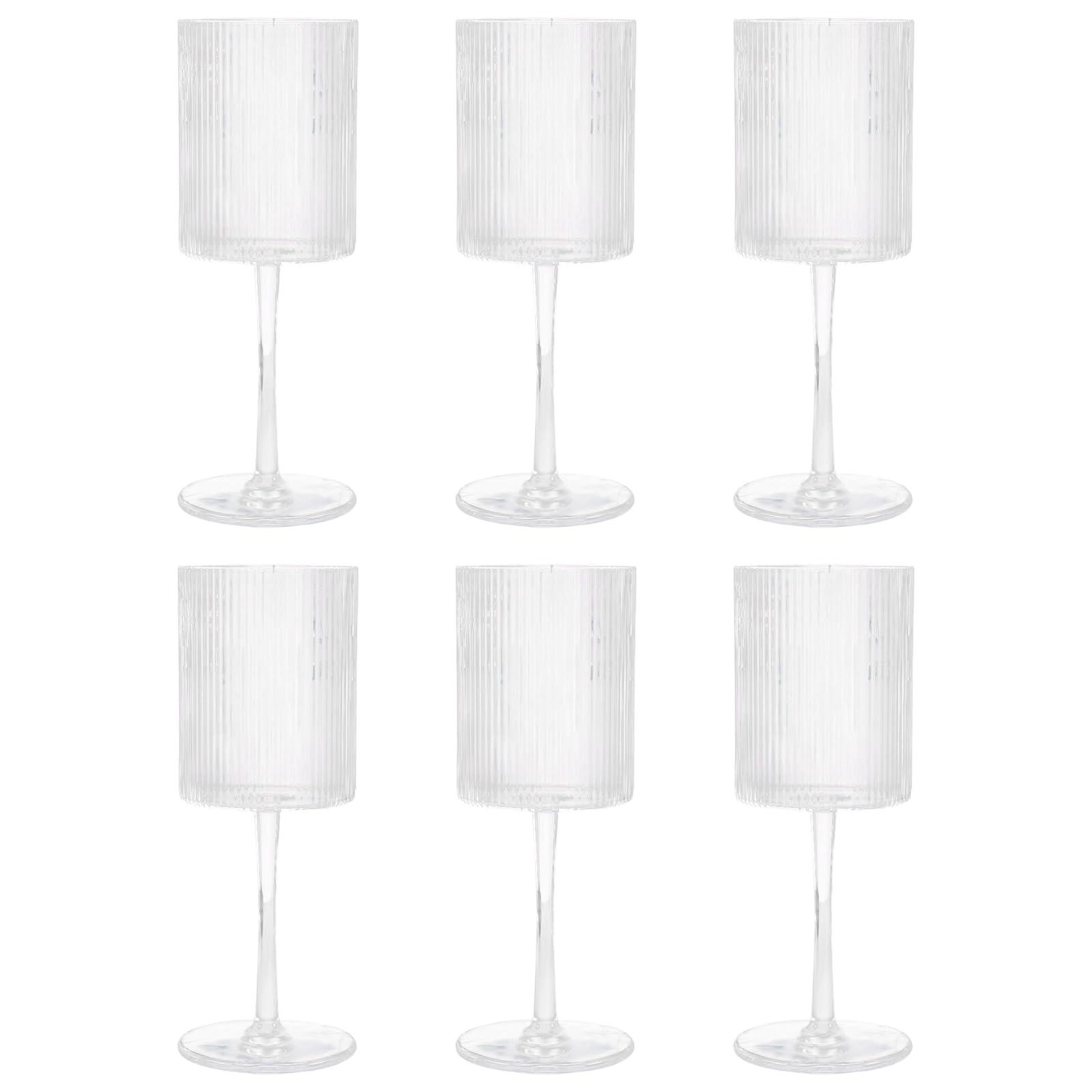 Packool 6 Pcs Ribbed Wine Glasses Set, Vintage 10.8 Oz, American-Style Clear Glass with Wide Mouth, Tall Stem Wine Glass for Wedding, Birthday Party and Bar