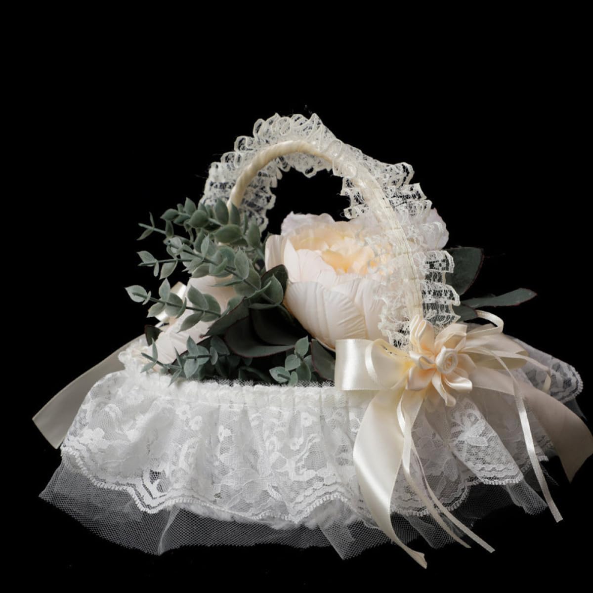 Operitacx Eleganter Rustikaler Hochzeitsblütenkorb mit Spitze und Henkel Leichter Gewebe Blumenmädchenkorb für Party und Feier Kleines Körbchen für Blumenmädchen