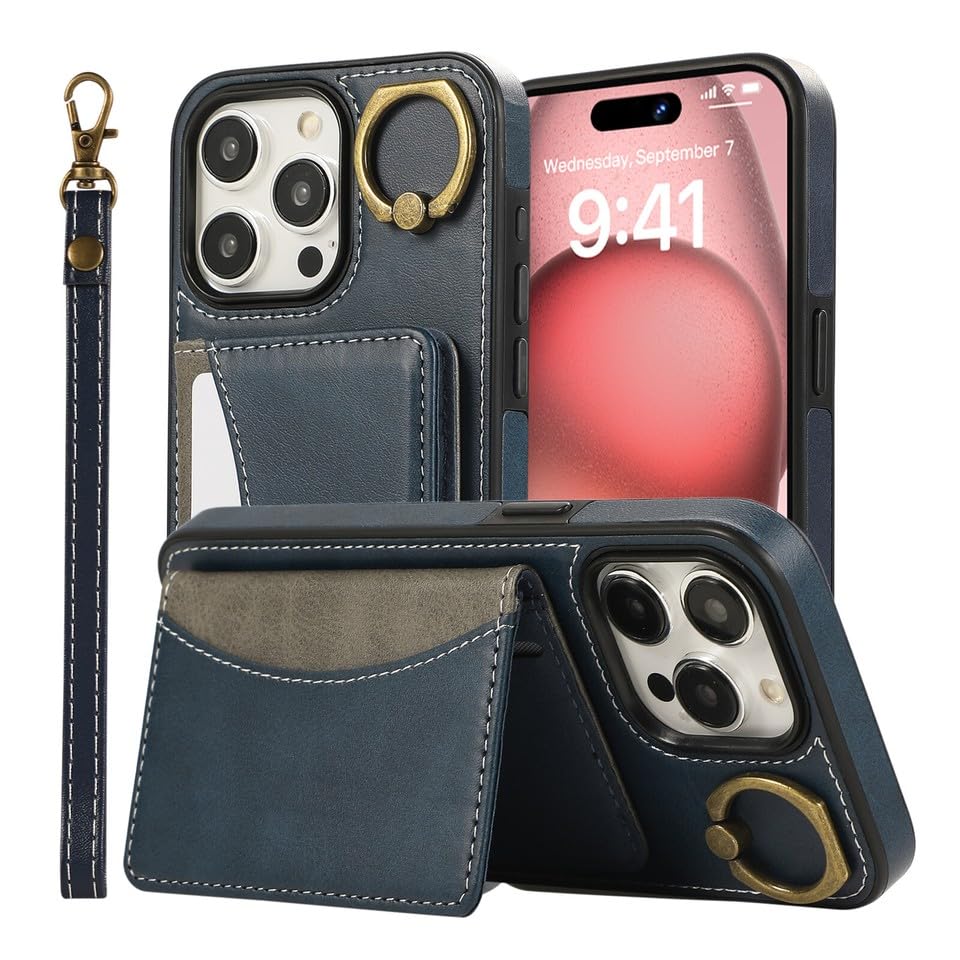Étui en cuir iPhone 13 Pro Max bleu anti rayure avec rabat aimanté