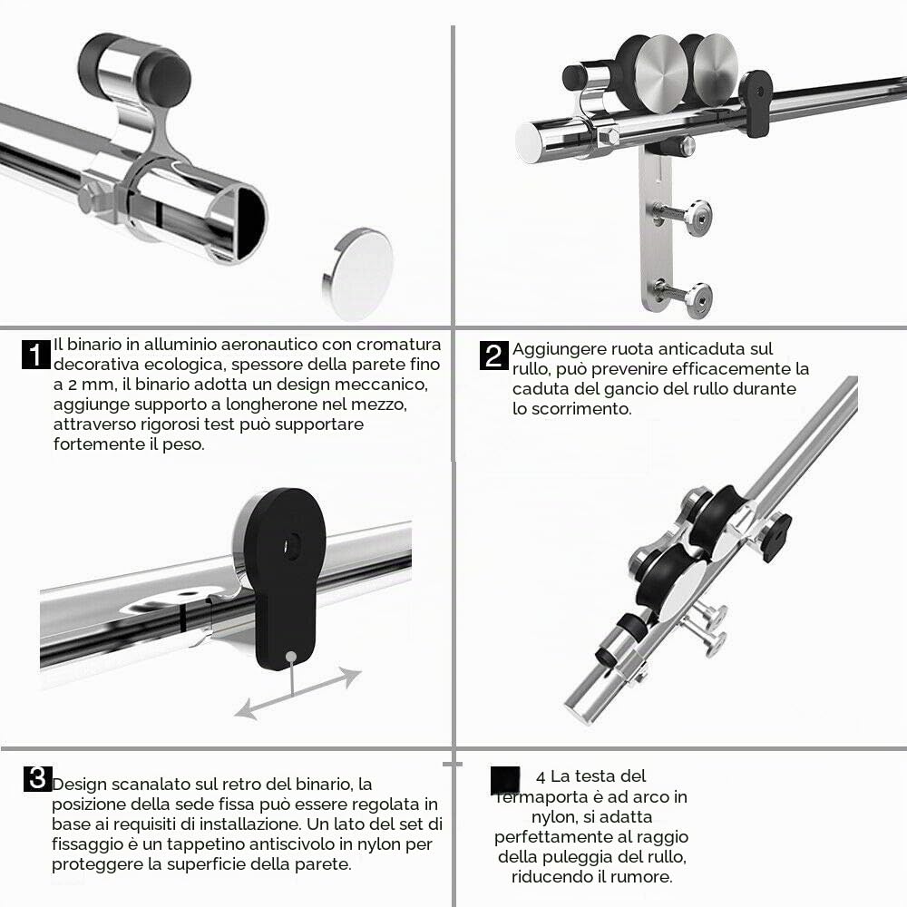 5FT(152cm) Acciaio Binario per Porta Scorrevole Kit Accessori per Porta Scorrevoli Singola di Legno, Kit per porta soffietto Esterno Muro