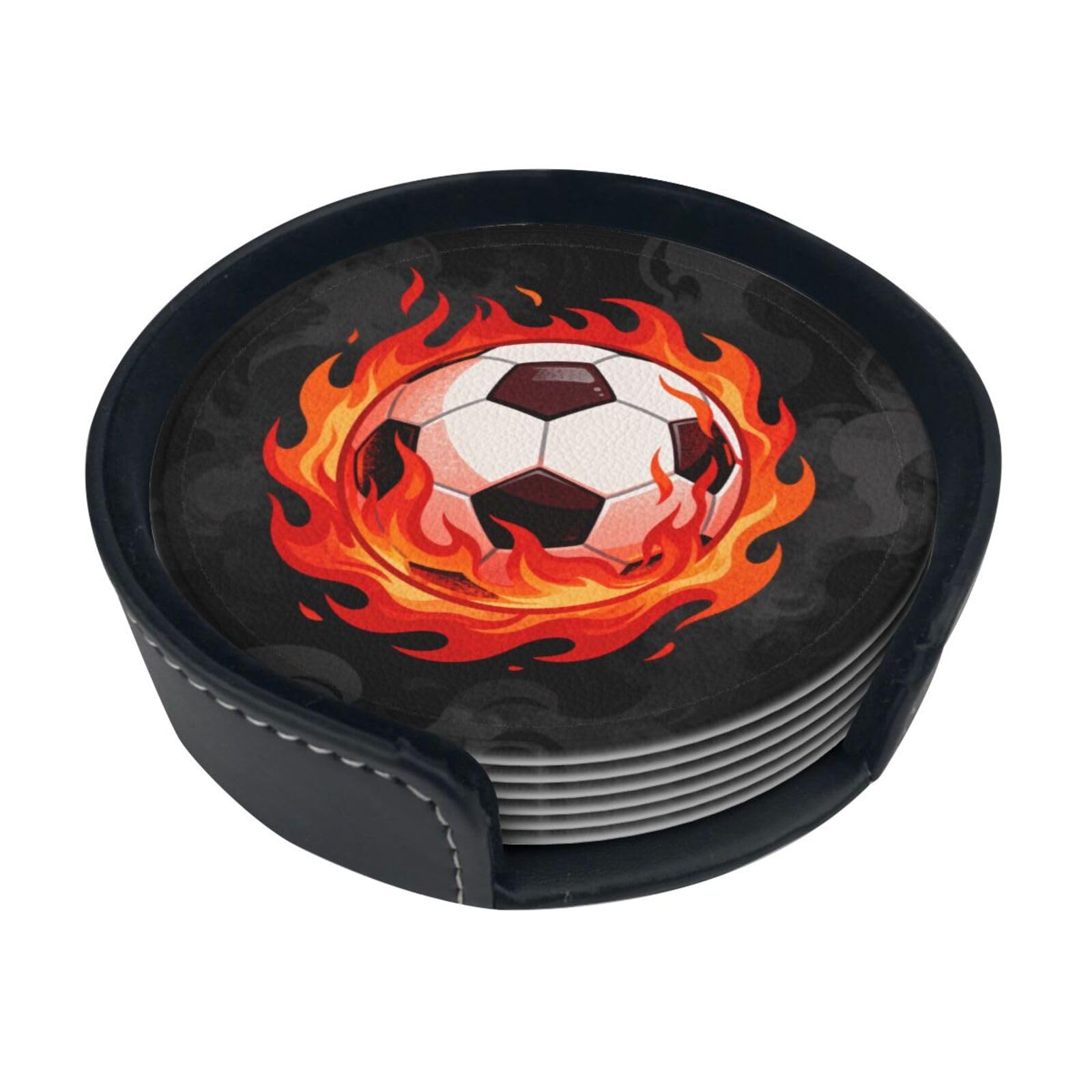 Cntdbu White Ball Fire Flame Leather Coasters Set Of 6-Pu Leather Drink Mats For Table, Heat Resistant Round Coasters With Holder
