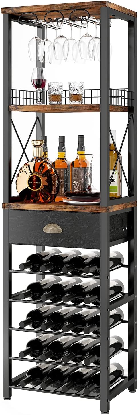 Wine Rack Freestanding Floor, Bar Cabinet for Liquor and Glasses, 4-Tier bar Cabinet with Tabletop, Glass Holder, Storage Drawer and Wine Storage for Living Room, Home Bar(Patent No.D29872845)