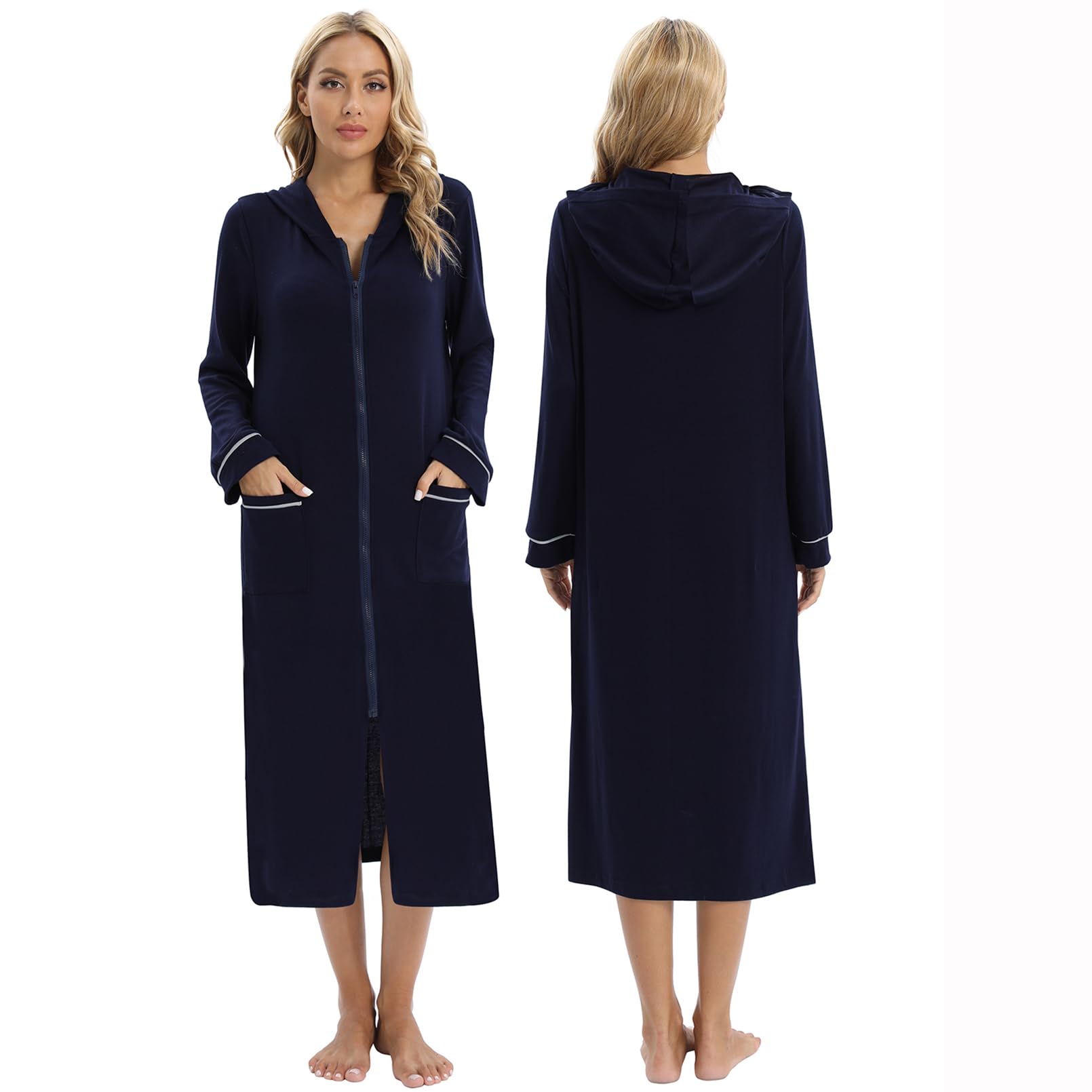 Womens Long Sleeve Zip Up Hooded Nightgown Soft Bathrobes Sleepwear