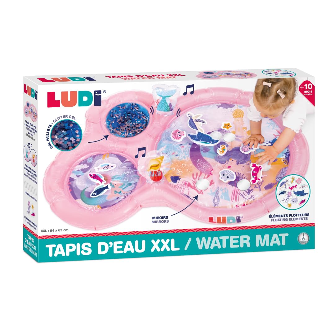 LUDI Coperta a forma di sirena, grande, per un momento di relax e risveglio, bordi gonfiabili, elementi galleggianti, tra cui 5 specchi, 2 attività sonore, gel glitterato
