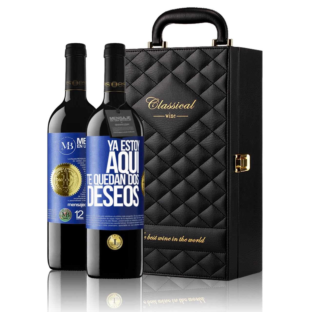 «Ya estoy aquí Te quedan dos deseos» Mensaje en una Botella. Estuche-Maletín de LUJO 2x Vino Tinto Premium Reserva 12 Meses y Set de 4 Accesorios. Etiqueta Azul PERSONALIZABLE