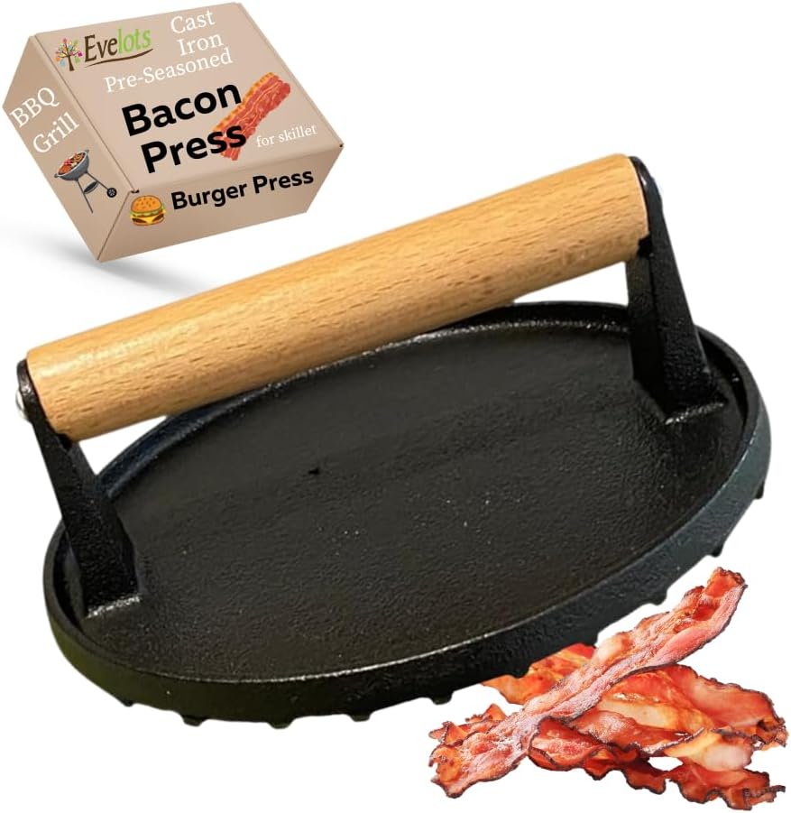 Evelots7-Inch Cast Iron Bacon Press with Wood Handle, Round