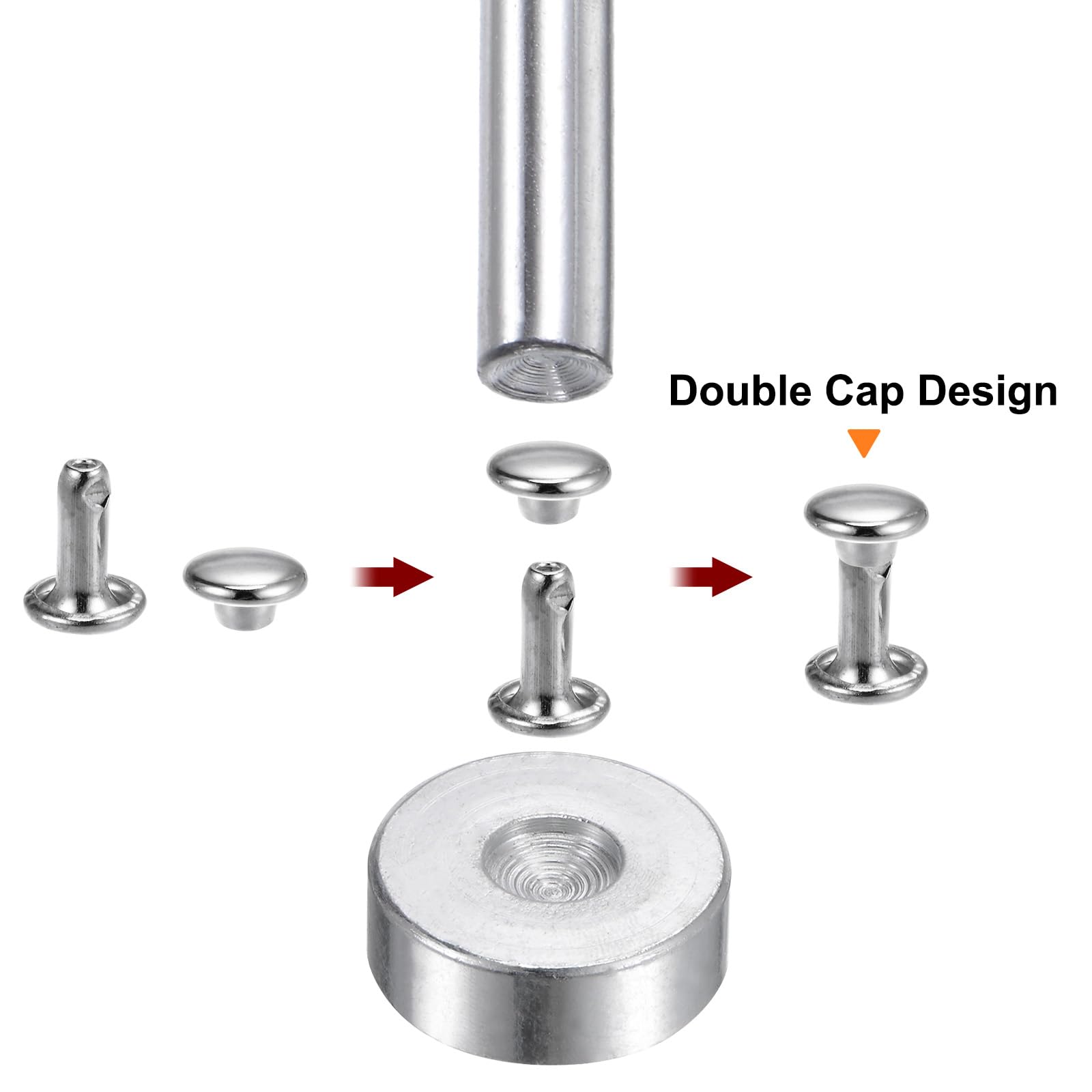 HARFINGTON Juego de 200 remaches de cuero de 12 mm x 10 mm, remaches de metal de doble tapa con 3 herramientas de ajuste, remaches para manualidades, reparación de cuero, decoración, tono plateado