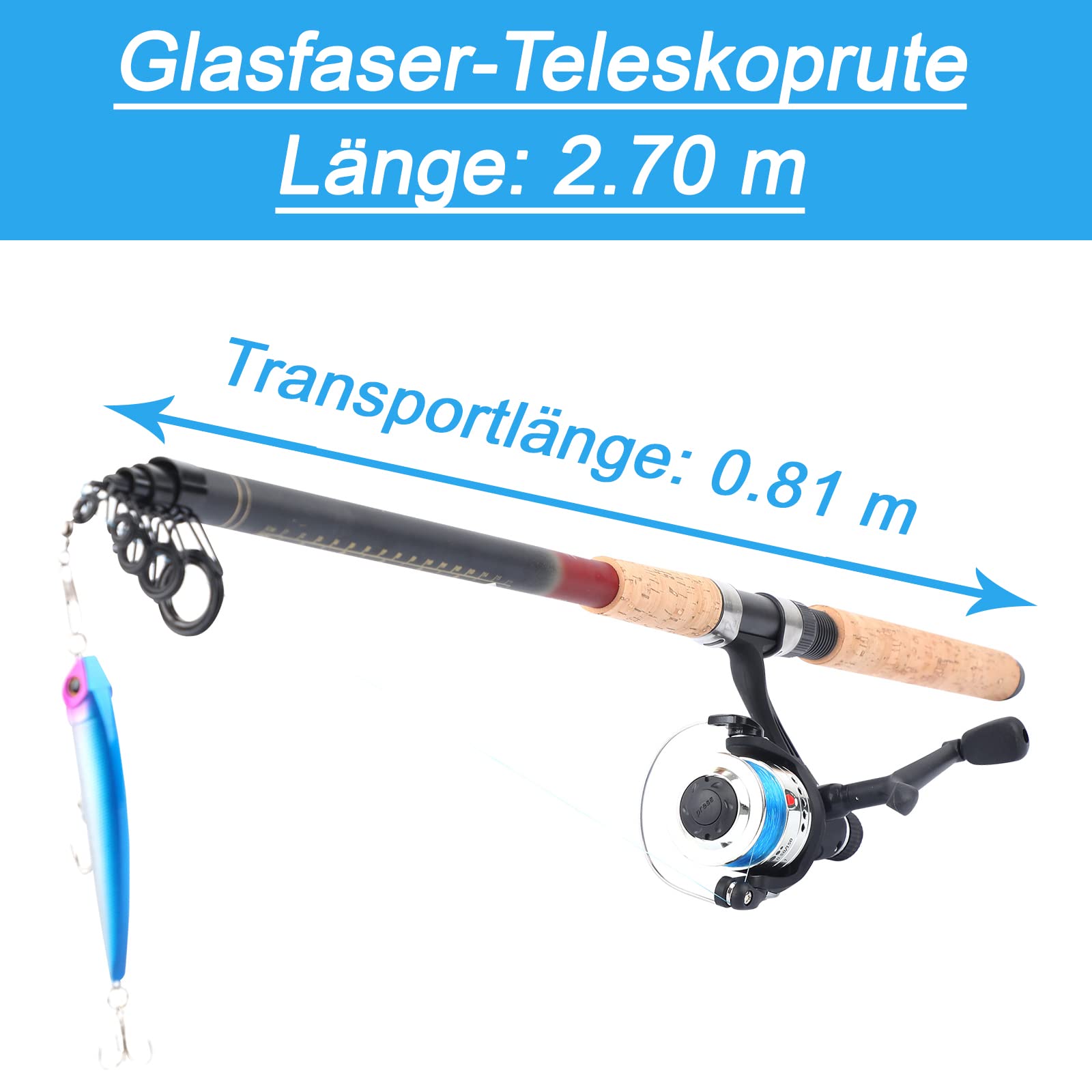 Angelset Hecht/Zander mit Kescher [Angelfertig montiert & Angelrolle bespult], Angel Set komplett Profi & Einsteiger, Starter-Set für Raubfisch Angeln, Teleskoprute 2,70 m