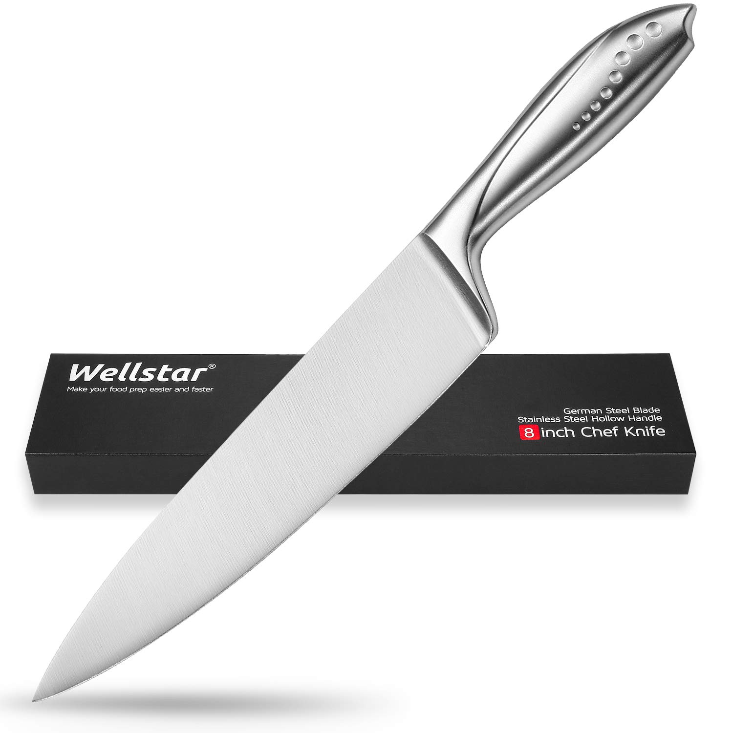 WELLSTAR Chef Knife 8 Inch Razor Sharp German Stainless Steel Blade with Comfortable SS Hollow Finger Guard Handle