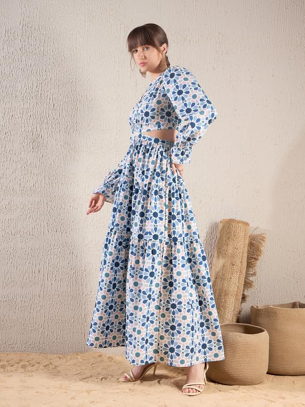 Image of SASSAFRAS Teal Blue Geometric Print Waist Cut Out Maxi Dress-L
