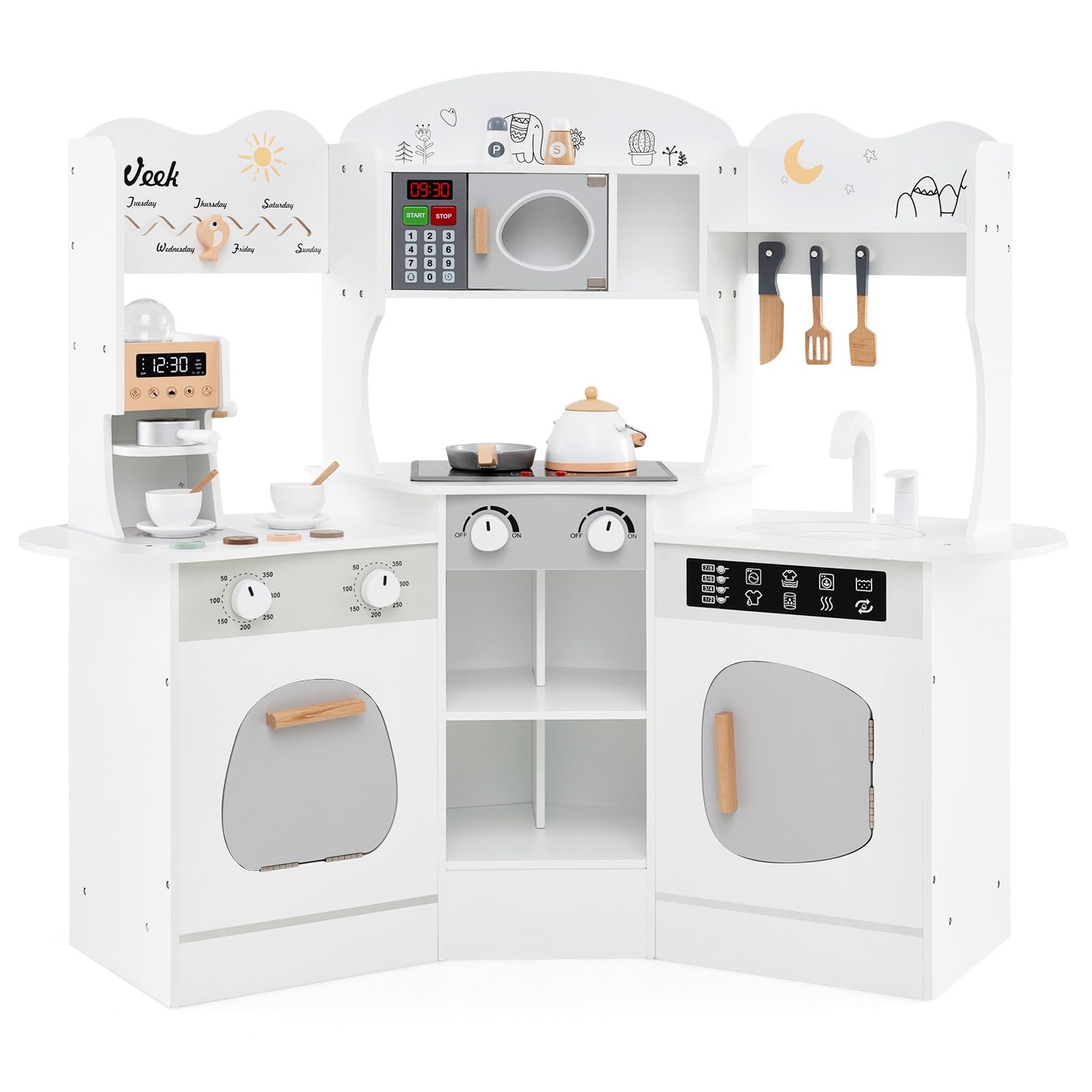 RELAX4LIFE Cucina Giocattolo per Bambini, Mini Cucina Angolare in Legno con Luci e Suoni Reali, Utensili, Set Giocattoli per Bambini 3+ Anni, 105 x 30 x 95 cm (Bianco)