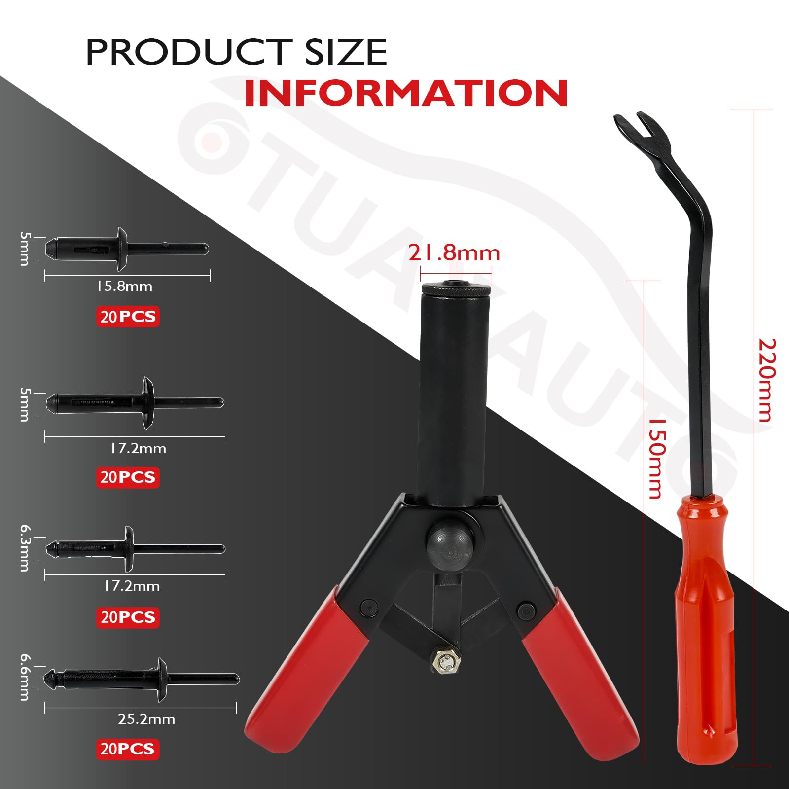 OTUAYAUTO 82Pcs Plastic Rivet Gun Set, 80Pcs 4 Sizes Nylon Blind Rivets and 1Pcs Bonus Fastener Removal Tool, Hand Riveter Suitable for Automotive