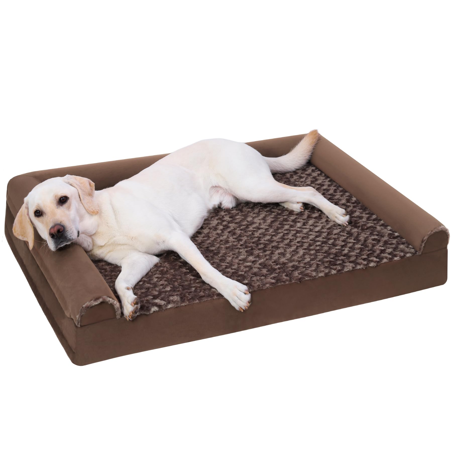 KSIIA Large Dog Bed, Orthopedic Dog Sofa Beds Pet Bed, Dog Couch with Removable Washable Cover, Waterproof Dog Bed, Pet Sofa with U-Shape Bolster, Brown 90x57x16cm
