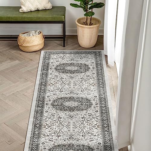Hallway 2x6 Washable Runner Rug: Oriental Stain Resistant Kitchen Entryway Rugs Farmhouse Ultra Soft Bathroom Bedroom Print Floor Mat Thin Non Slip Indoor Carpet for Living Room Laudry (2 X 6, Grey)