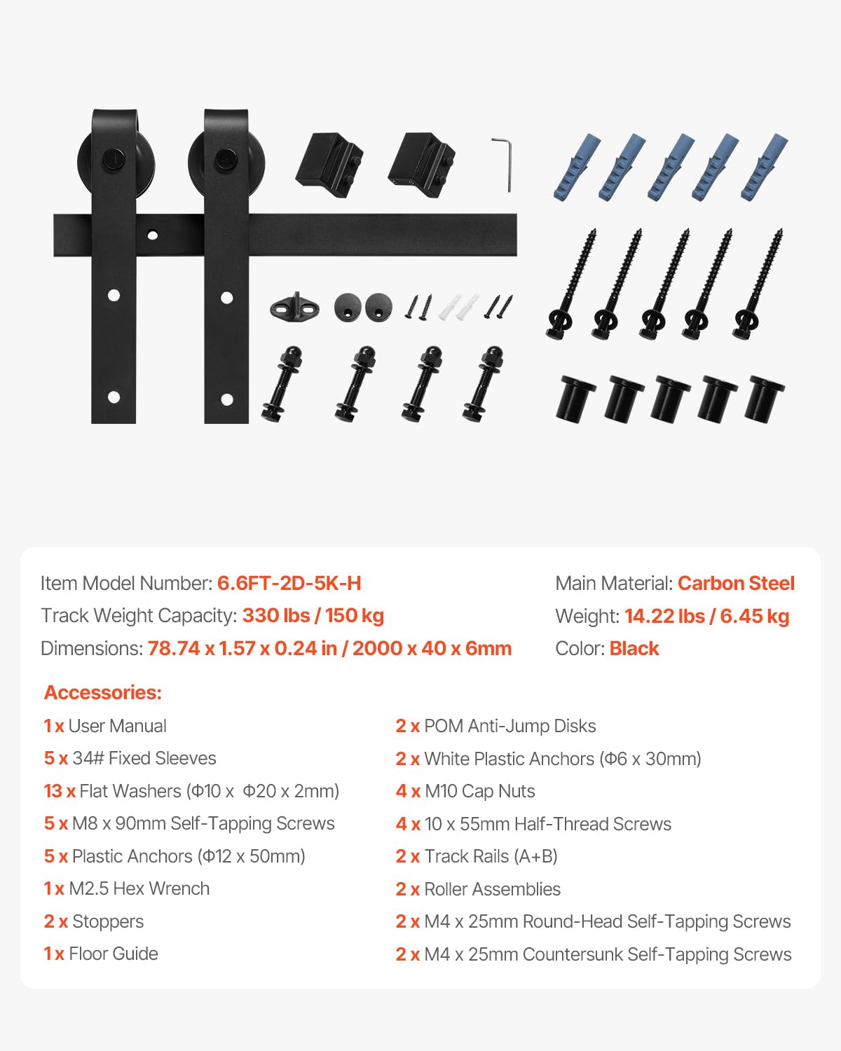 VEVOR Kit Quincaillerie de Porte Grange Coulissante Simple, 200 cm, Rail Durable et Rouleau J, Charge 150 kg, pour Portes 914,4-1016 mm de Largeur 34,92-44,45 mm d'Épaisseur, Noir, Porte Non Incluse