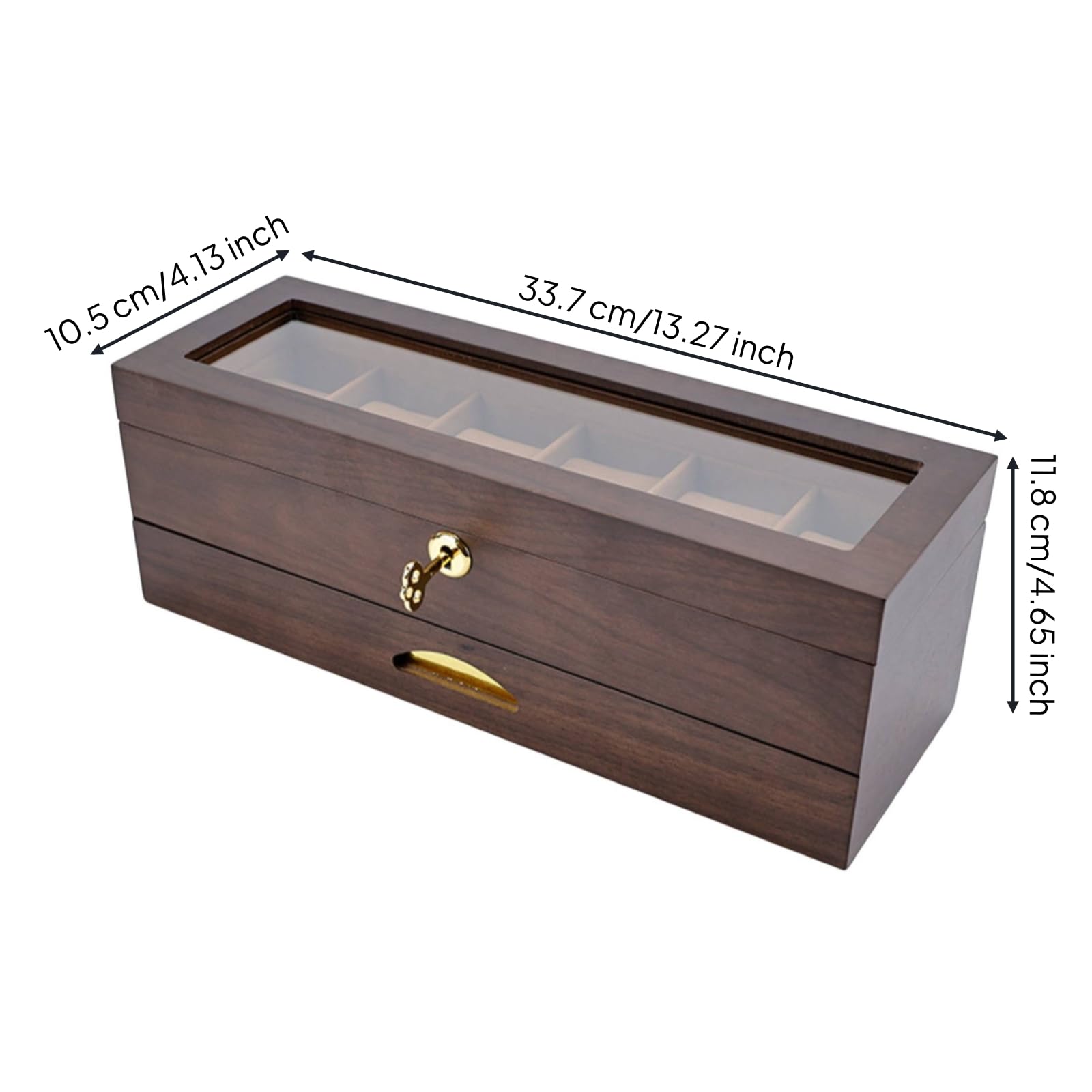 Organizador Relojes con Tapa Cristal Joyero con Cierre Suave Organizadora Joyas Tapa Cristal para Coleccionistas, Tocador, Caja De 6 Relojes De Doble Capa Con Cajón, Acabado En Teca