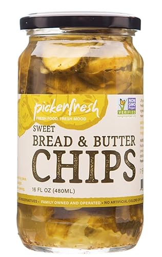 Pickerfresh Encurtidos con chips de pan y mantequilla, pepinillos dulces estilo chip de corte arrugado, ingredientes simples, sin OMG, sin