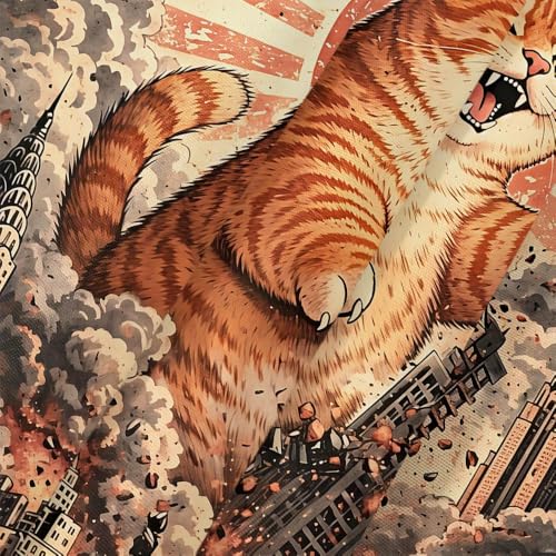 Image of Funny Chubby Orange Cat Monster Shower Curtain, Vintage Japanese Sunset Cityscape Anime Bathroom Decor, Waterproof Fabric Bath Curtain, Fun Animal Shower Curtain for Kid Bathroom, 72x72 Inches