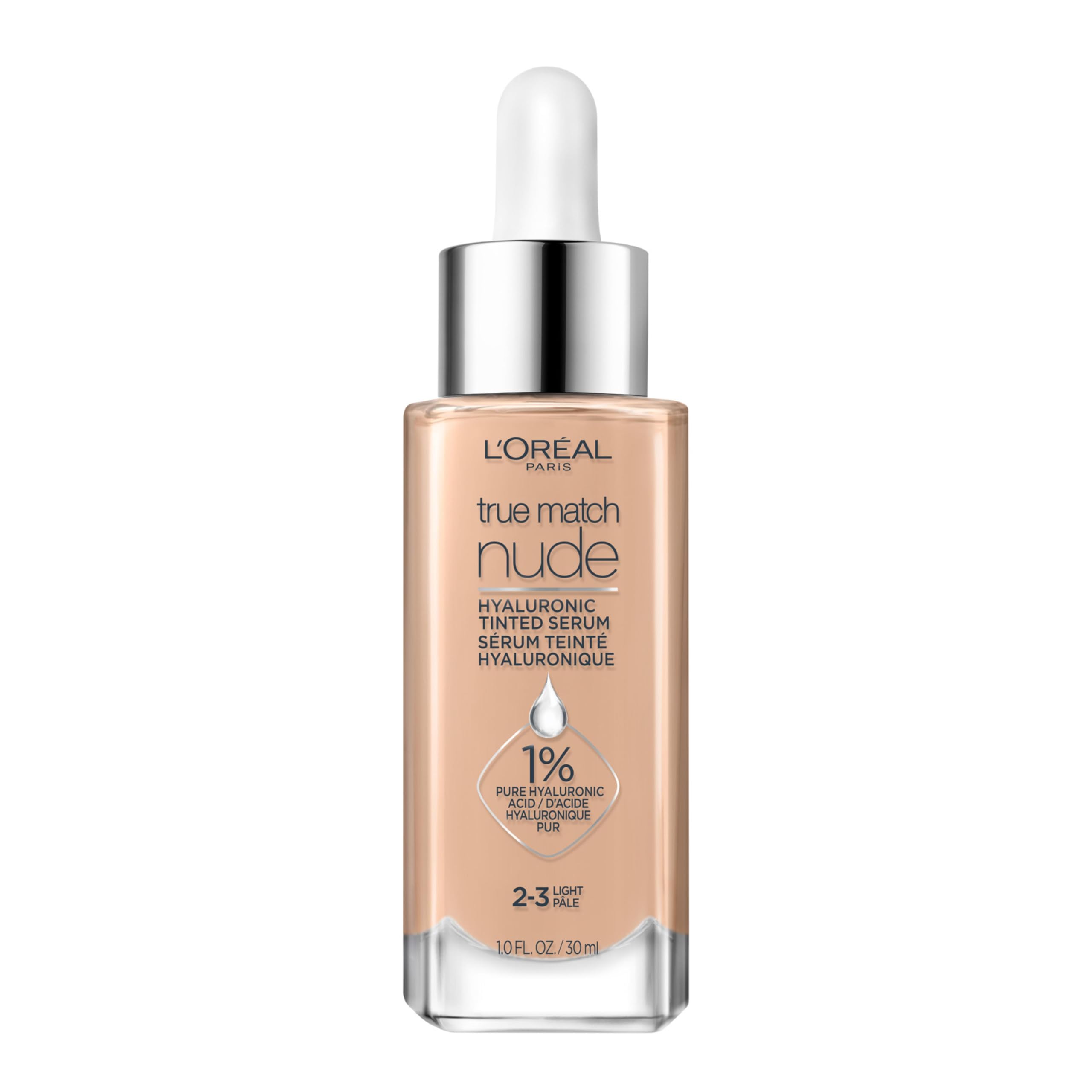 L’Oréal Paris True Match Nude Hyaluronic Foundation, Tinted Face Serum Foundation with Hyaluronic Acid for Lightweight Coverage and Instant Hydration, Radiant Finish - Light, 30 mL