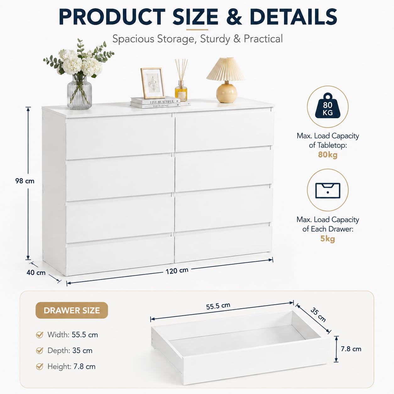 Sovas Cómoda Blanca de 8 Cajones, Cómoda Grande de 120 cm con Amplio Almacenaje, Mueble con Cajones Moderno para Dormitorio, Salón y Entrada, Aparador de MDF Melaminado, 120 x 40 x 98 cm