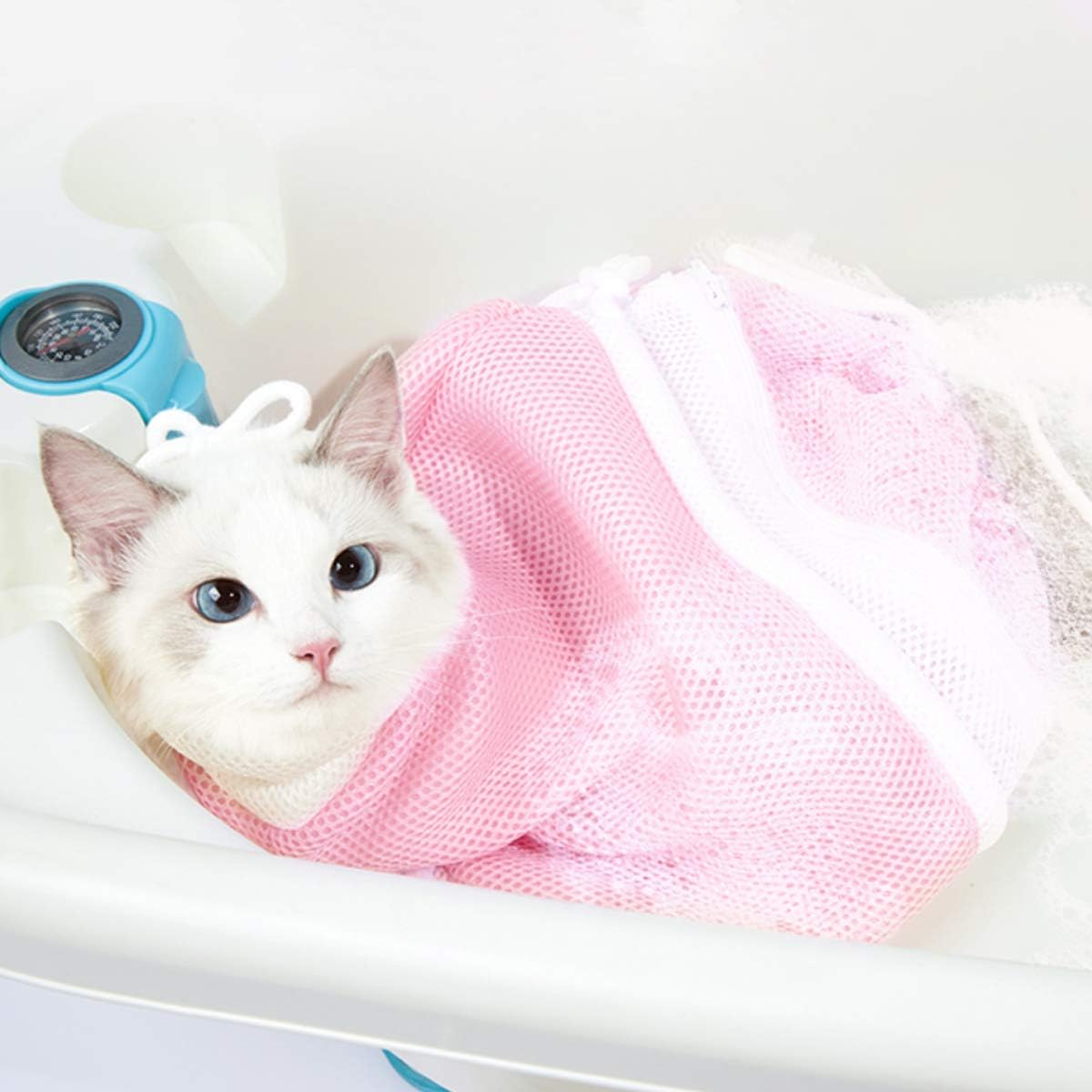 ZUKIBO Cat Grooming Shower Net Bag Adjustable Anti-Bite and Anti-Scratch Restraint Bag for Bathing, Nail Trimming, Injection, Medicine Taking