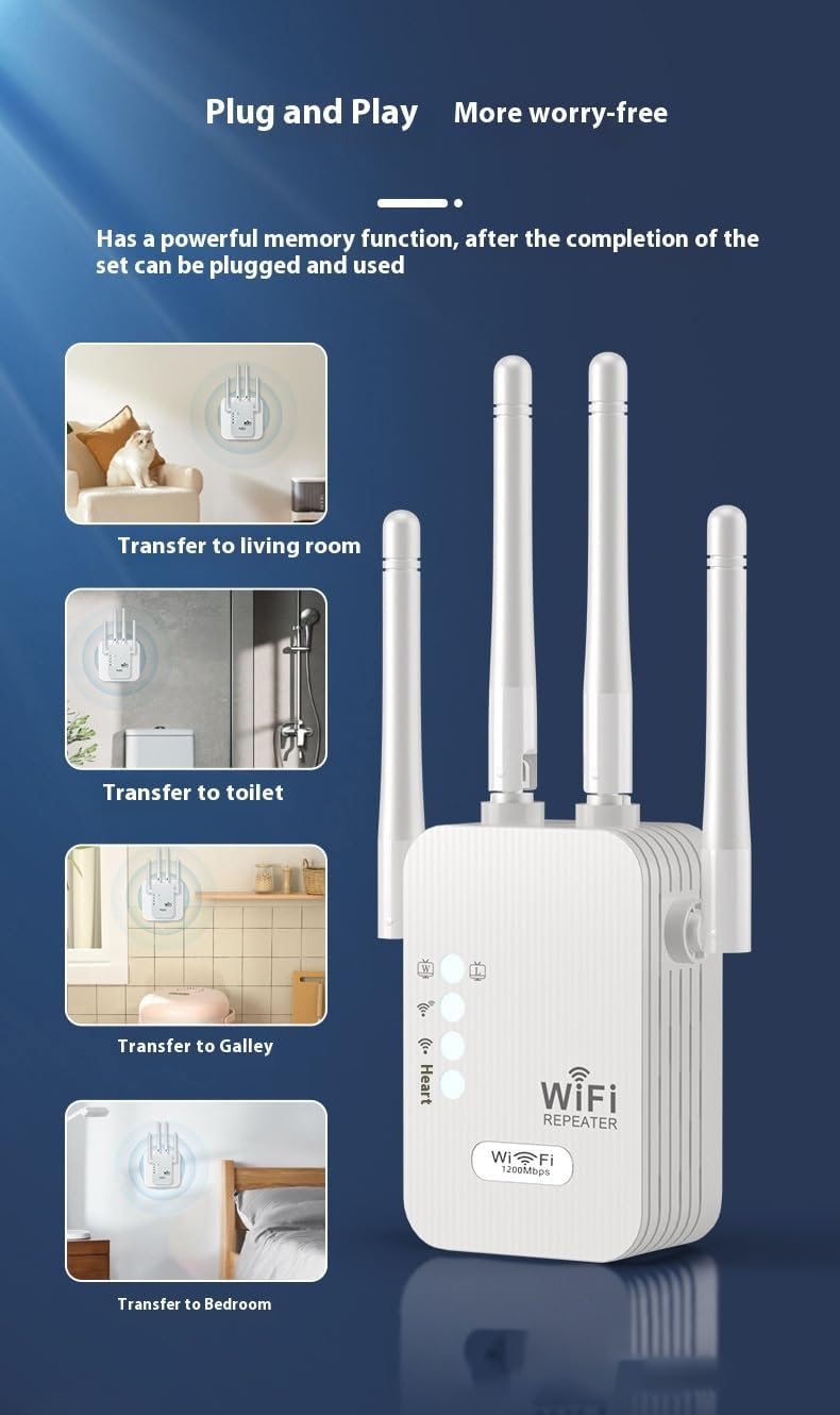Wireless WiFi Signal Booster Amplifier, 1200Mbps Four-Antenna Repeater, Suitable for Home and Office WiFi Through-Wall Wireless Internet Network Extender with Ethernet Port