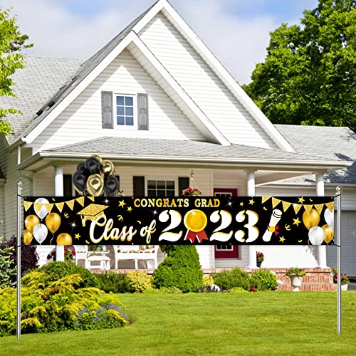 Croar Class Of 2023 Congrats Grad Large Outdoor Banner 120 X 20 Inch, Graduation Decorative Fence Yard Garden Sign Black Gold Backdrop Home Indoor Decor, College School Decoration Graduate Party Supplies #TOP6