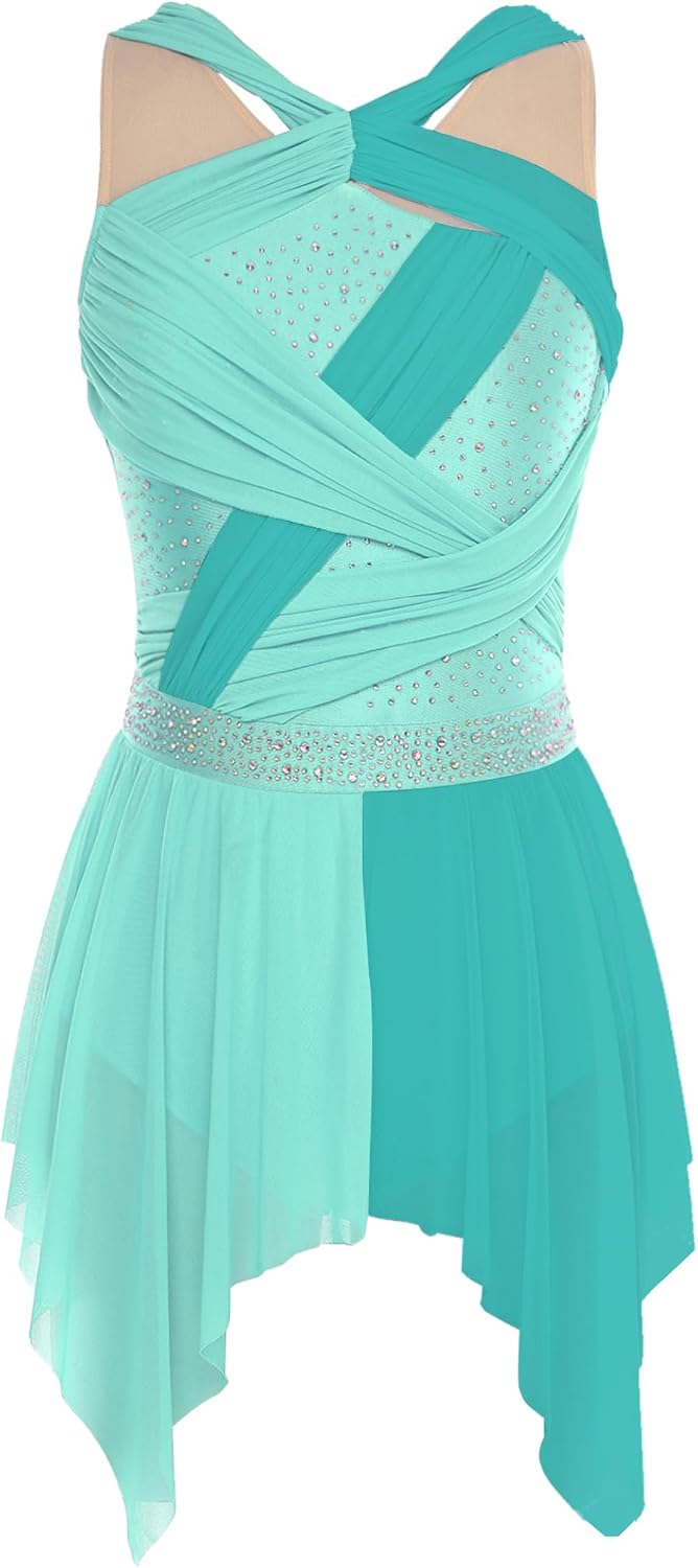 Womens Color Block Ruche Sleeveless Leotard Ballet Tutu Dress Lyrical Modern Contemporary Dance Costume