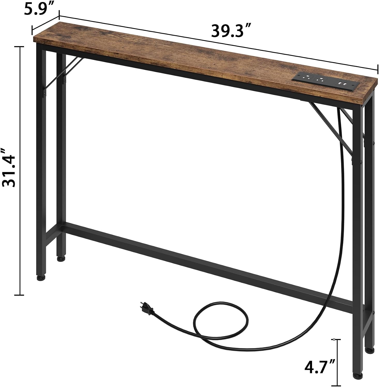 GarveeLife Console Table, 39.4 in Narrow Sofa Table w/Power Station, Skinny Behind Sofa Table, Narrow Long Behind Couch w/Power Outlets USB Ports Thin Entry Table for Entryway, Living Room, Retro