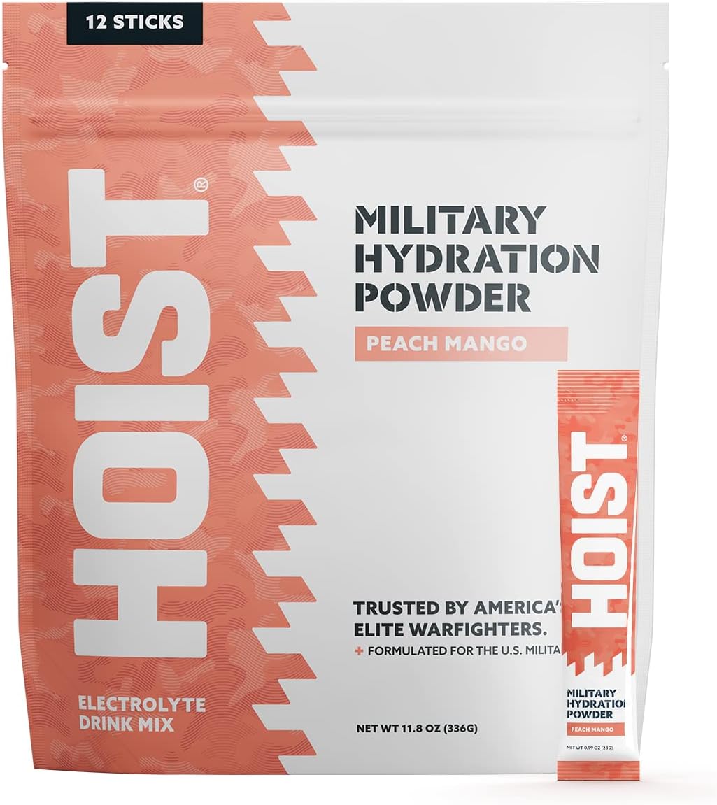 Hoist Premium Hydration Military Hydration Powder Sticks - 12 Stick Packs -28g Per Stick - Electrolyte Powder - Hydration Mix (Peach Mango)