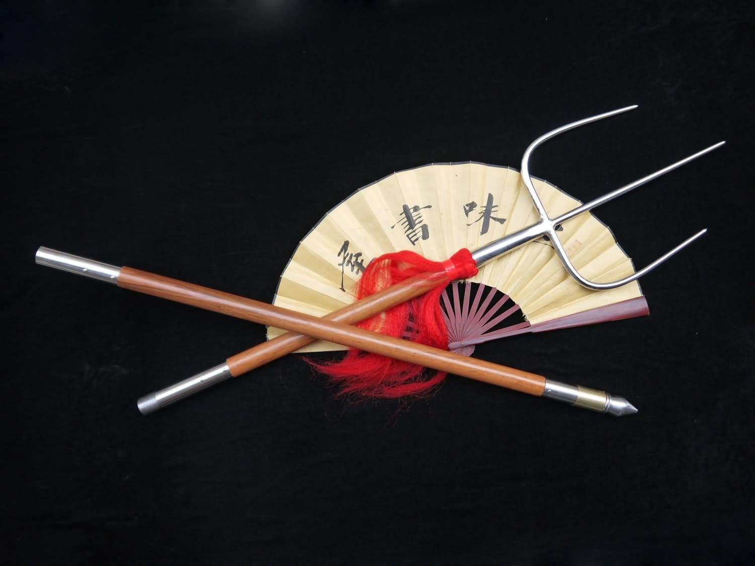 Chinese Sword,Tiger Fork-Trident(Stainless Steel Hand-Made,Two Wood rods) Martial Arts