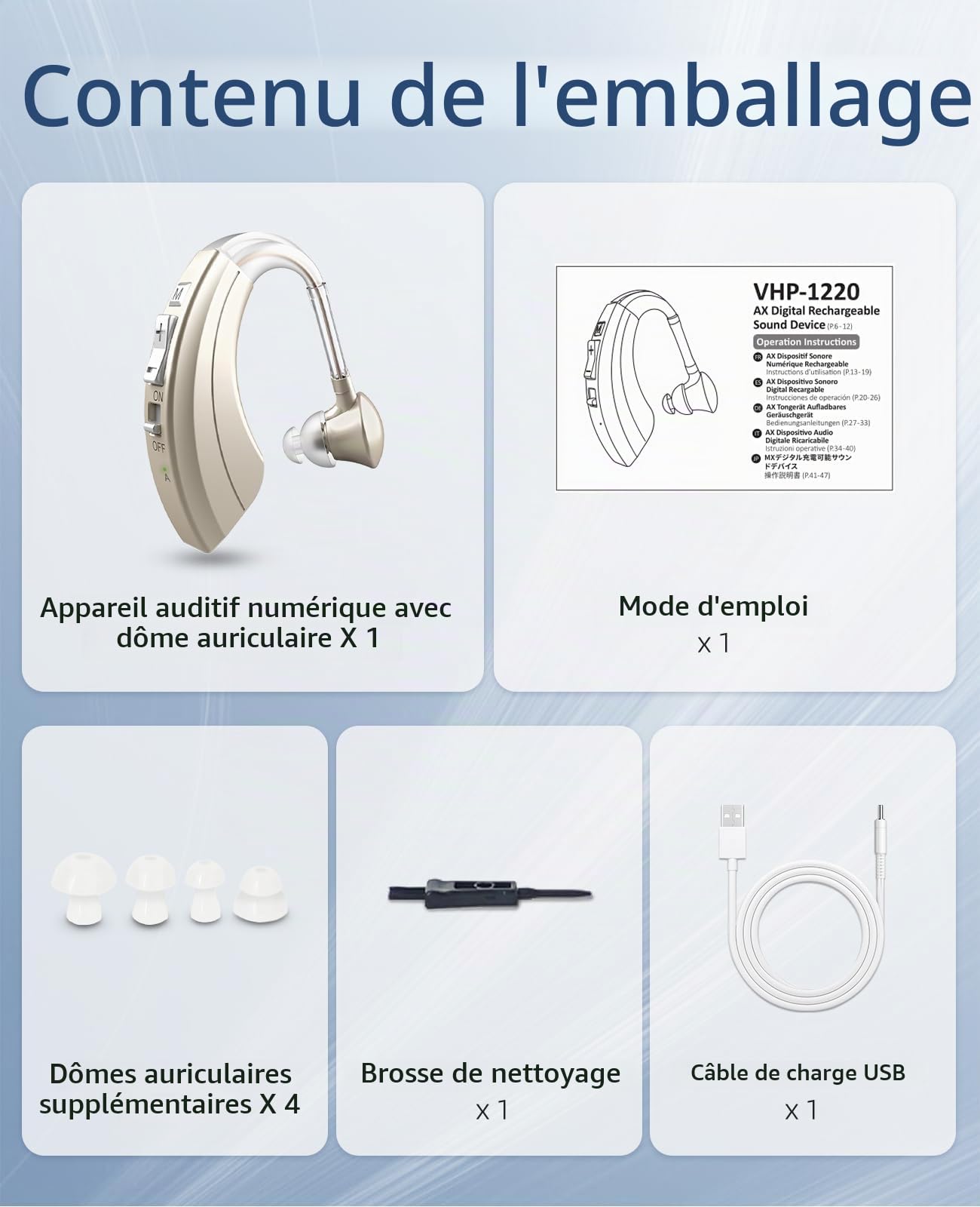 Rechargeables Amplificateur de son, anti-bruit et volume réglable, Appareil BTE Design Léger Confortable (1, Gold)