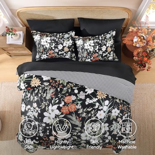 Image of Andency Queen Size 7 Piece Reversible Bed in a Bag - Botanical Floral & Gingham Comforter Set, Farmhouse Vintage Rustic Comforter,Black