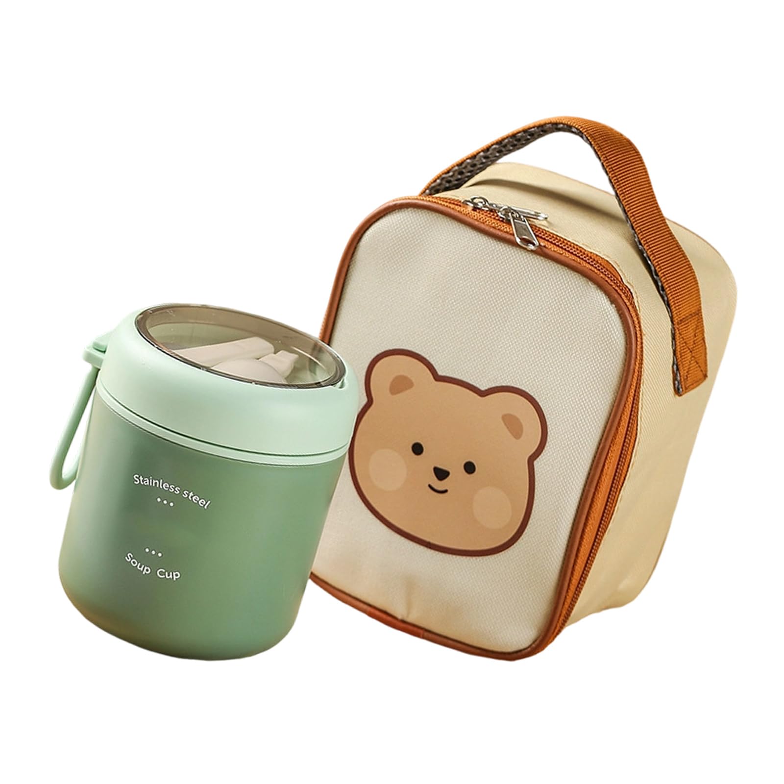 Carotoe Green 304 Food Grade Steel Lunch Container Insulated Bag Includes Spoon Leak Proof Outdoor Food Grade Insulated Nonrust Steel Cup