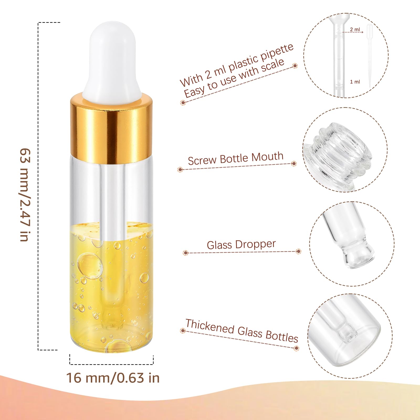 Kesell Mini-Glas-Tropfflaschen, 5 ml, klare Glasflaschen mit Pipette für ätherisches Öl, kleine Reiseflasche mit 5 Kunststoff-Tropfen, kleine Probenflaschen mit Deckel, goldfarben, 100 Stück