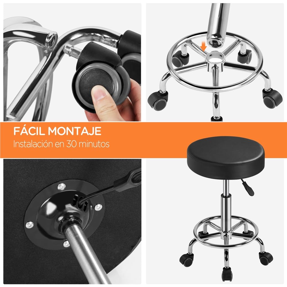 Yaheetech Taburete con Ruedas Taburete Giratorio 360° Silla de Salón para Salón de Belleza y Masaje Altura Regulable de 50,5 a 65 cm, Negro