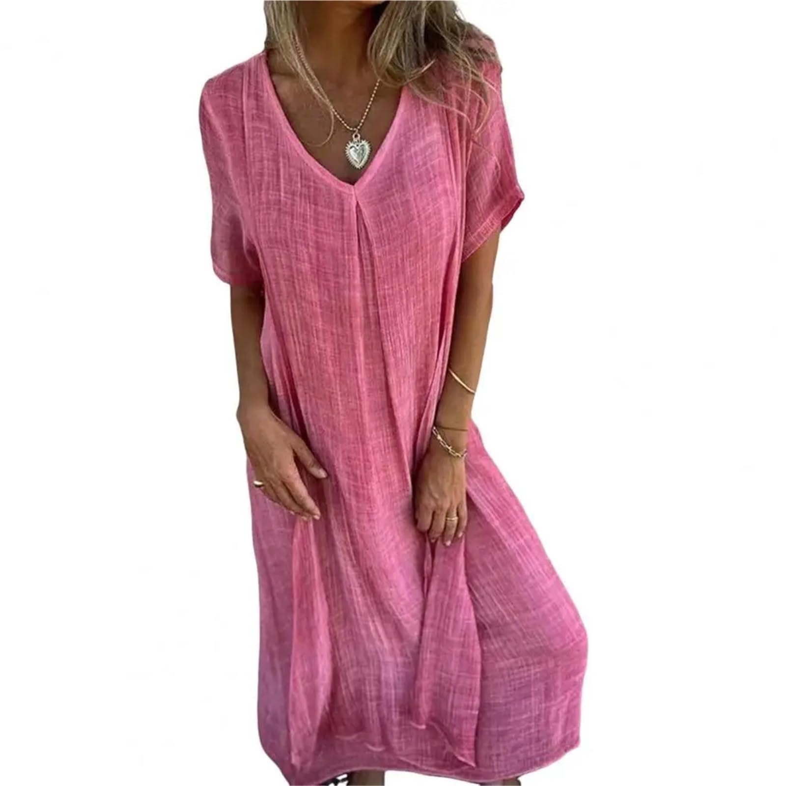 Vestido de Playa algodón y Lino, Suelto, con Cuello en V, Vintage, Recto, Transpirable, Vestidos Largos