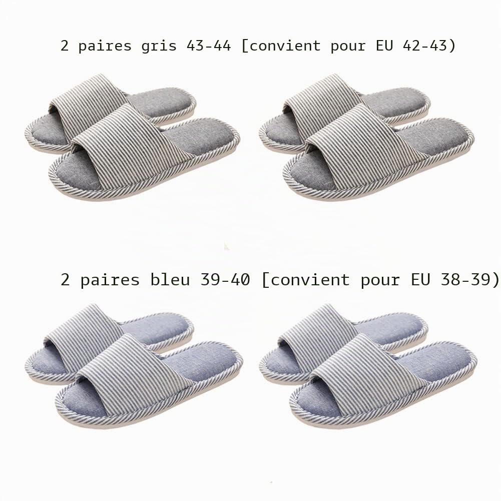 Lot de 4 paires de pantoufles d'hôtel unisexes - Lavables - Antidérapantes - En lin - Pour spa, fête, invités, hôtel et voyages