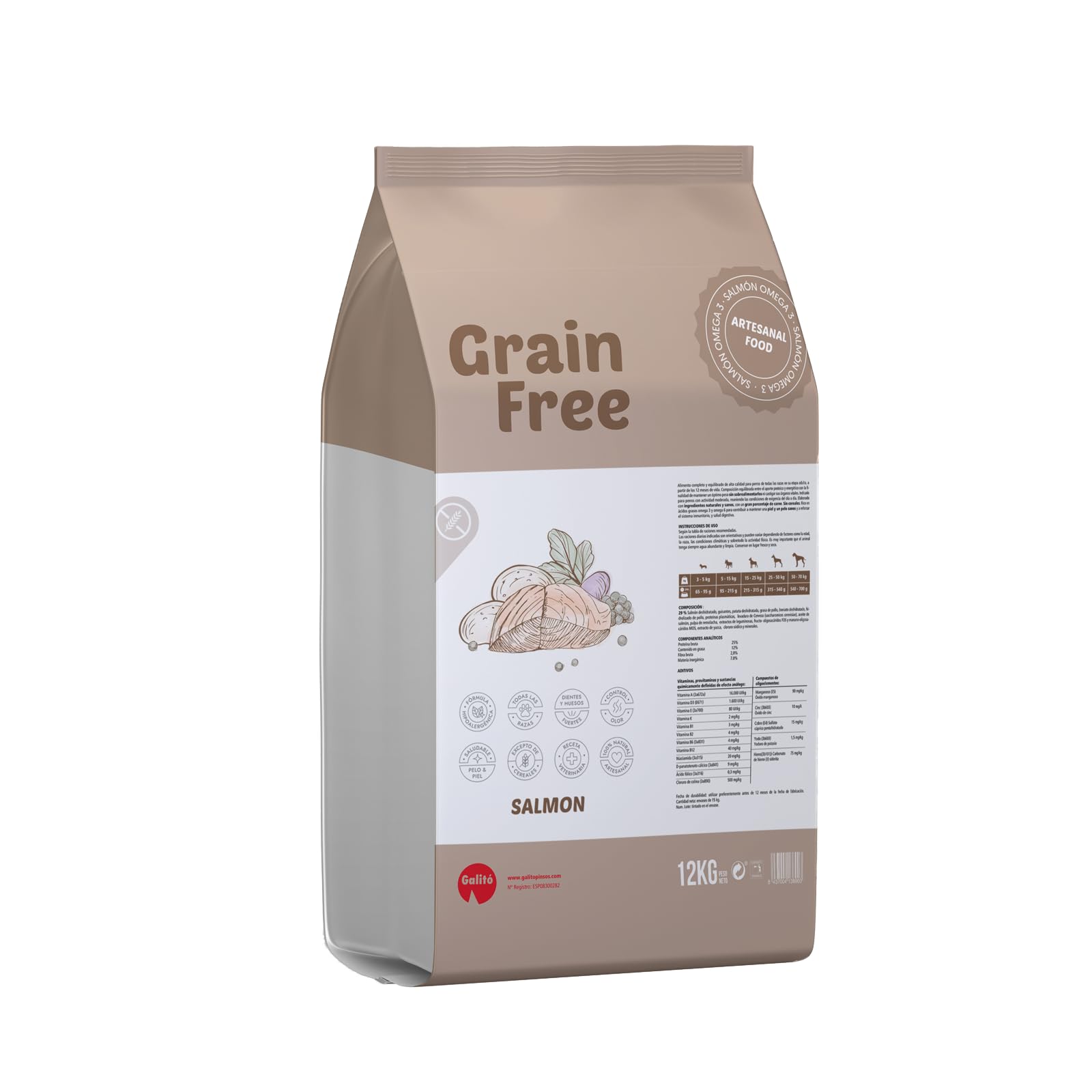 GALITO Pienso para Perros Salmón 12 kg | Sin gluten, Monoproteico animal, Hipocalórico, Prebióticos, Con vitaminas