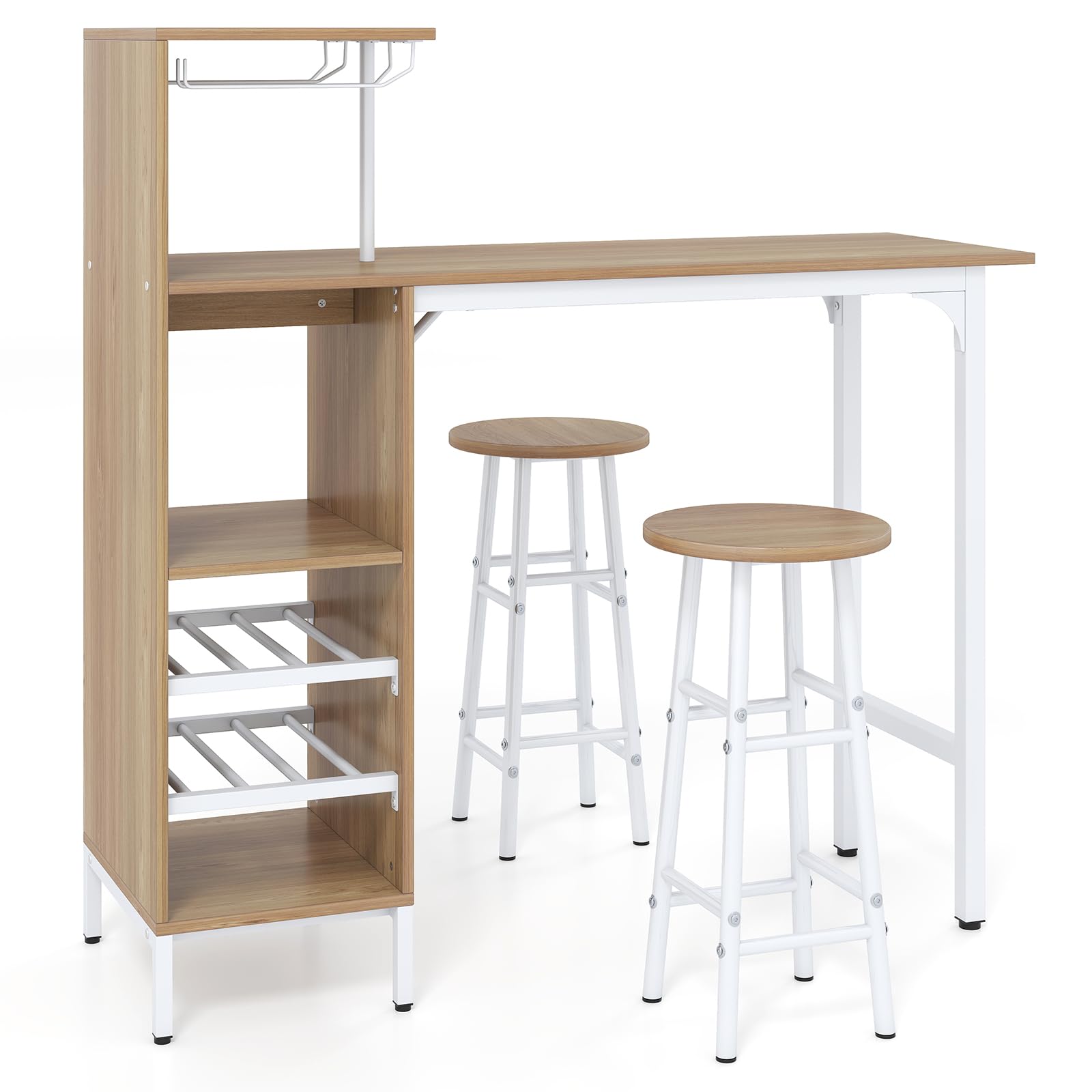 COSTWAY Juego de 3 Piezas Mesa y Sillas de Bar, Mesa y Taburetes Industriales con Soportes para Copas de Vino y Estantes para 6 Botellas de Vino, Juego de Mesa para Comedor Cocina (Natural)