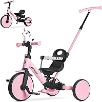 RIDYEE 5-in-1 Kids Tricycle for Toddlers 1.5-3: Tool-Free Push Trike to Balance Bike, Safety Belt, Removable Backrest, Pink Ride-On Toy