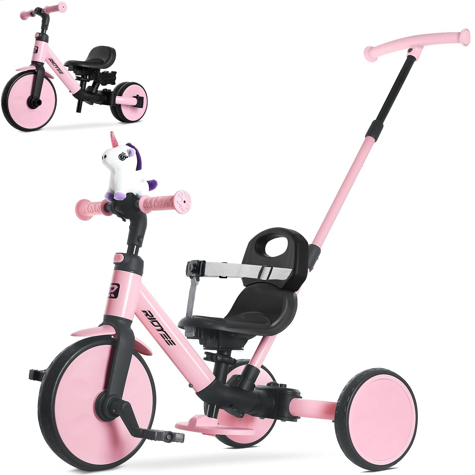 Triciclo 5 en 1 para niños de 1.5 a 3 años, triciclo de dirección para padres, convertible sin herramientas para equilibrar la bicicleta, cinturón de seguridad, respaldo y reposapiés extraíbles