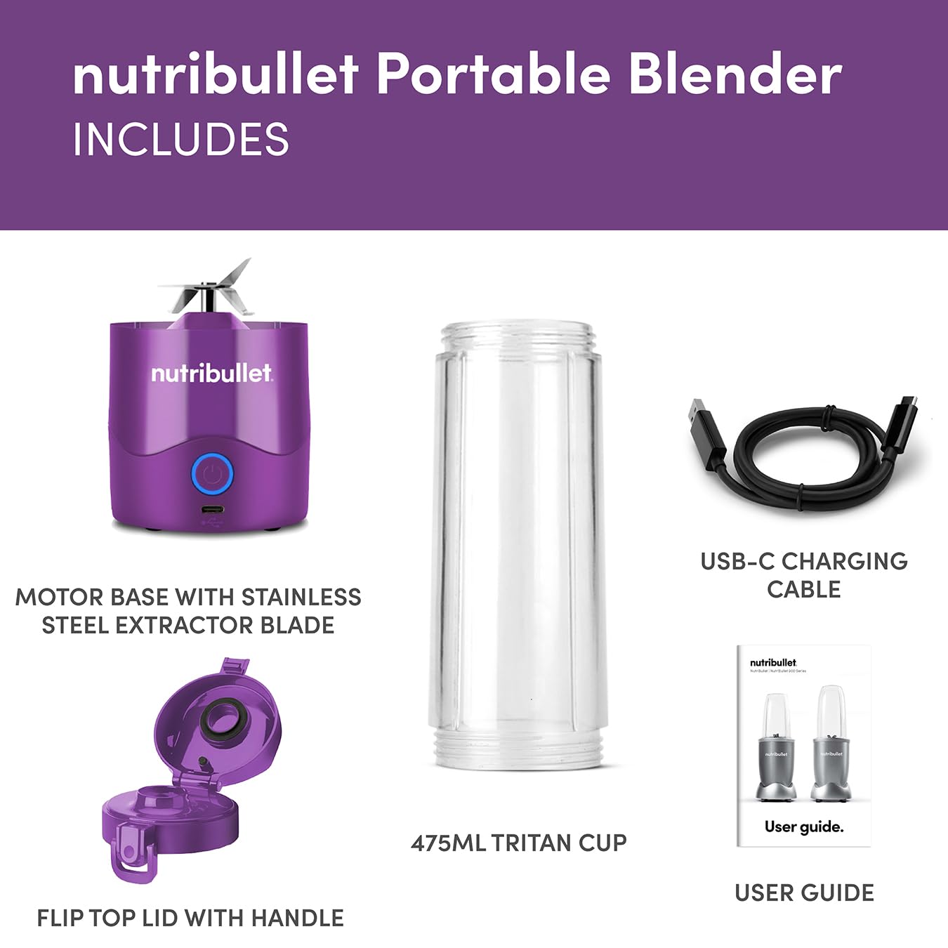 nutribullet Przenośny blender 60 W w kolorze fioletowym – wydajne ostrze ekstraktora, kubek 590 ml, pokrywka na wynos, kabel do ładowania USB-C i instrukcja obsługi – zapewnia ponad 15 cykli mieszania