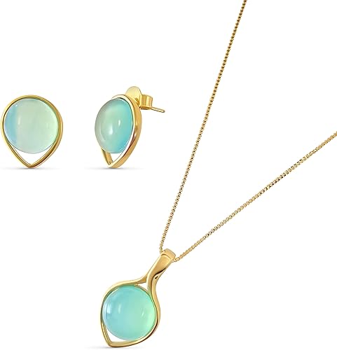 Aretes de tuerca azules, negros o verdes y collar brasileño de piedras naturales de ágata - Pendientes y collar chapados en oro de 18 quilates para