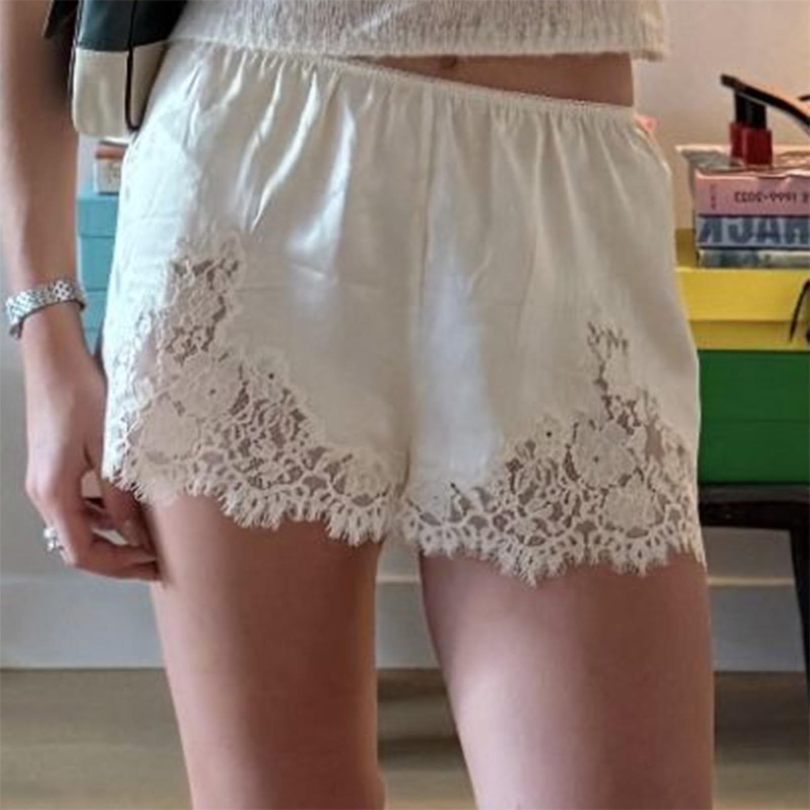 Boxer da donna in raso di seta Y2K elastico in vita con bordo in pizzo mini pigiama pantaloncini da salotto sottoveste slip pantaloni
