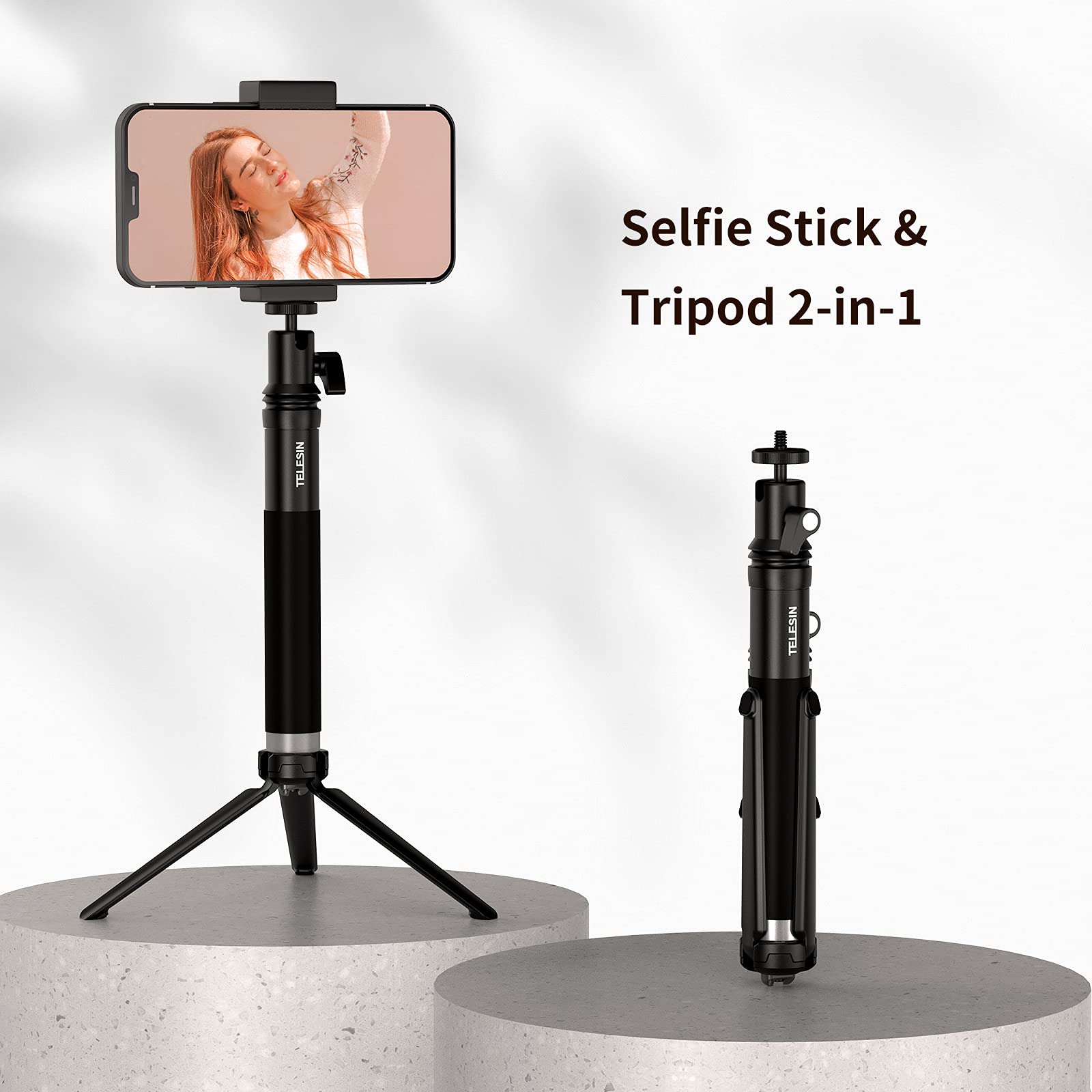 TELESIN 0.9m Selfie Sticks Stativ mit 360° Kugelkopf, 2 in 1 Einbeinstativ aus Aluminiumlegierung für Gopro Max Hero 11 10 9 8 7 6 5 DSLR-Kameras Telefon, mit Handyhalter Adapter