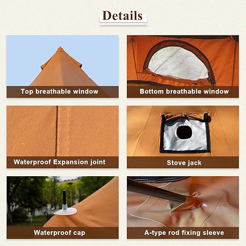 Miniatura 6 de TOMOUNT Tienda de campaña de lona con gato de estufa, uso para 4 a 6 personas con malla ventilada de 360, diámetro de 13.1 pies para camping