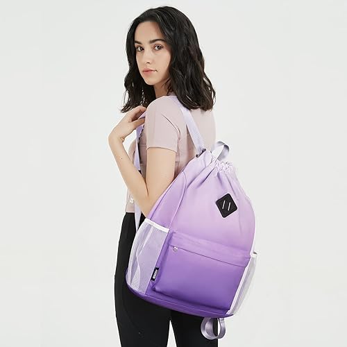 Miniatura 2 de WANDF Mochila deportiva con cordón y compartimento para zapatos, resistente al agua, para mujeres y hombres, Gradiente morado grande, Mochilas