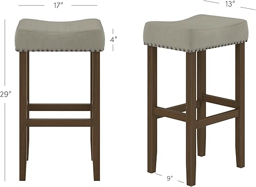 Miniatura 2 de Nathan James Hylie Juego de 2 taburetes de bar de madera con tachuelas de tapicería, para cubierta de cocina, altura de pub, 29 pulgadas, gris