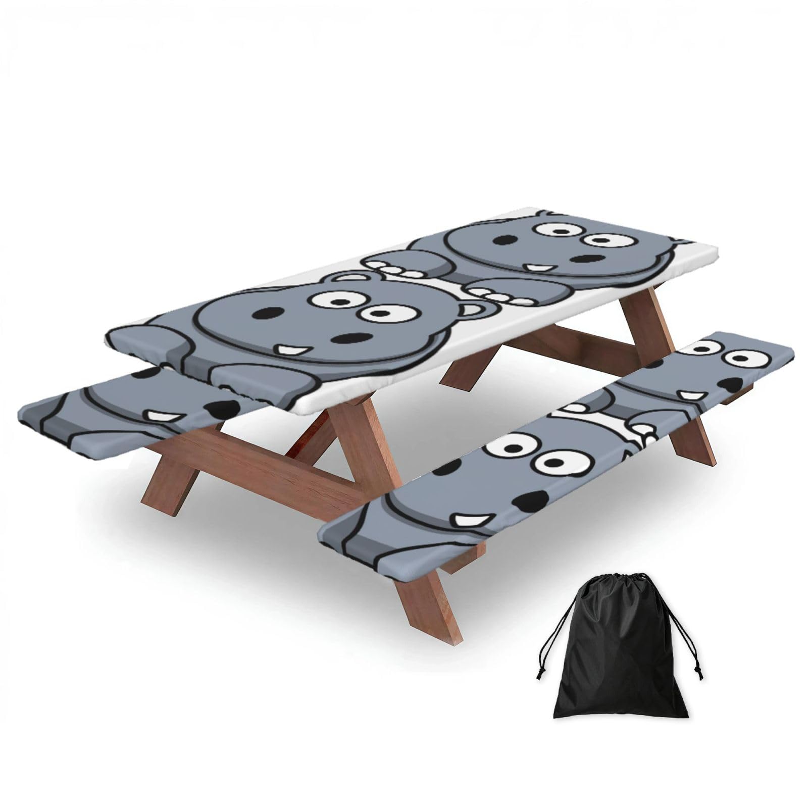 Yqxwjl Black Cartoon Hippo Print Camping Essentials Waterproof Camping Table And Bench Cover With Drawstring Bag 183 Cm